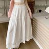 White Lace Splicing High Waist Elastic A- Line Midi Skirt Women's Summer Elegant Wide Hem Semi-Body Skirt