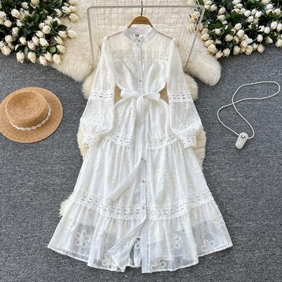 Robe chemise à simple boutonnage en dentelle brodée de fleurs pour femme, tenue de soirée, printemps-automne