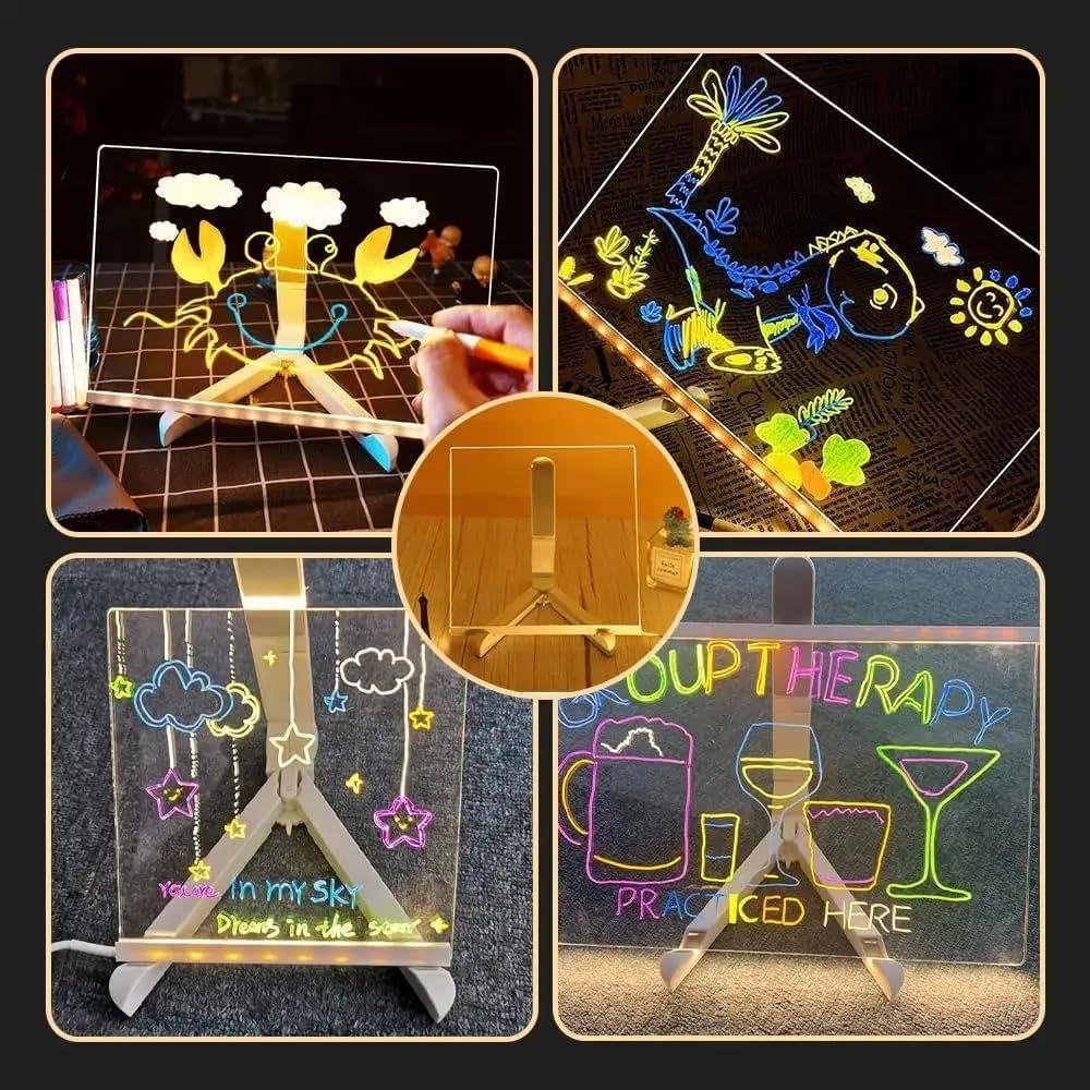LED Acrylic Writing Board with Light & 7 Pens |  DIY 3D Rewritable Message Pad | Night Lamp & Display Board for Home