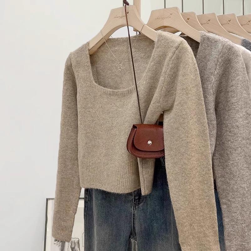 Verdickter Strickpullover mit quadratischem Ausschnitt für Damen Herbst- und Winter-Temperament Pullover mit Innenfutter Top