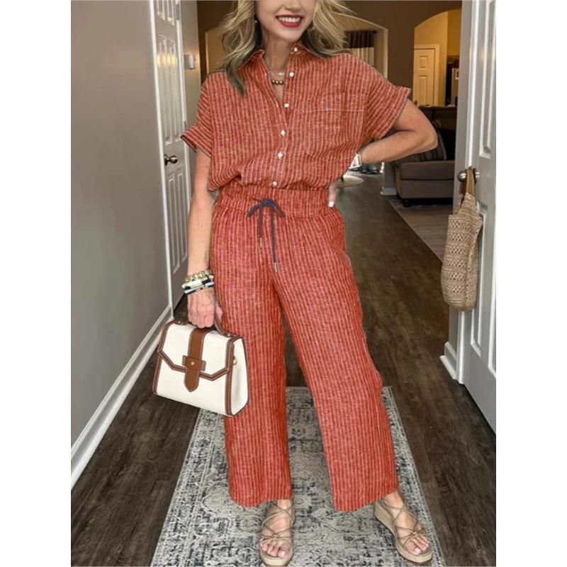 

Classic Spring Autumn Striped Printed Short Sleeve Shirt Set Retro Casual Loose Waist Trousers Women s Suit XXS помаранчевий