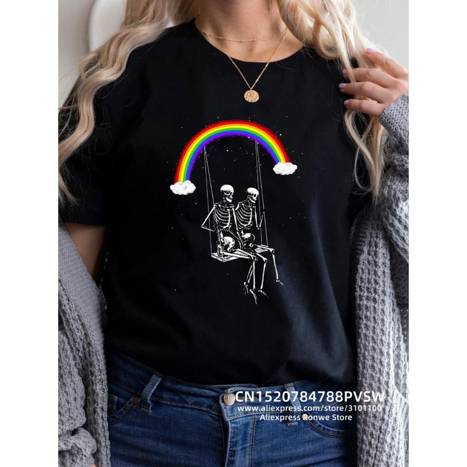 

Funny Skull Rainbow Graphic Womens T-shirts Girl Summer Short Sleeve Crewneck Tops Oversized 90s Tops Tee Trendy Loose Clothes S чёрный