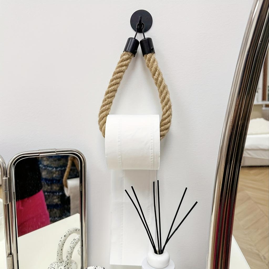 1pc Hemp Rope Self-Adhesive Wall Mounted Toilet Paper Holder - Towel Storage Rack for Home Use