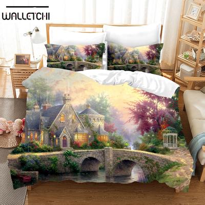 Fantasy Oil Painting Bedding Set House Bridge Scenery Duvet Cover Set Bedroom Bed Bedclothes Decor Luxury Gift Queen King Size