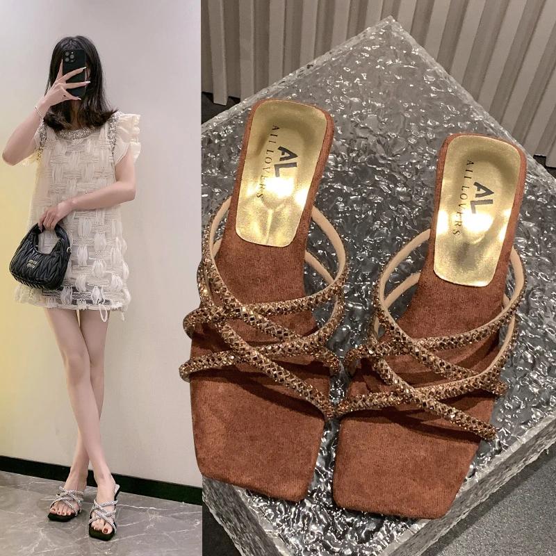 Women Sandals 2025 New Summer Rhinestone Ankle Strap Roman Shoes Ladies High Thick Square Heels Simplicity Sexy Shoes Female