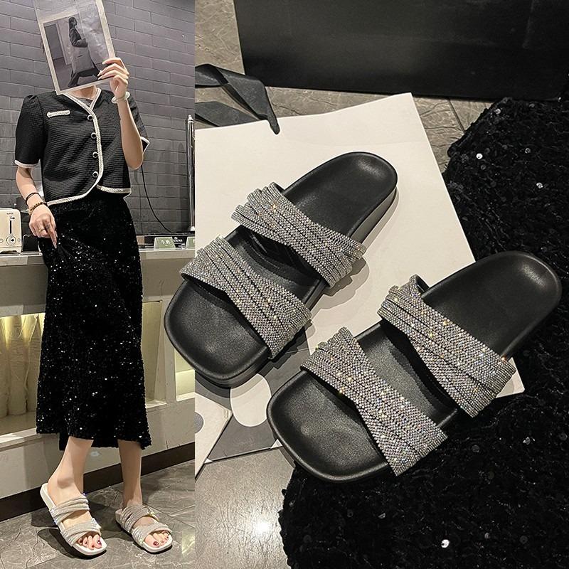 Fashion Square Toe Platform Rhinestone Slender Strap Flip Slippers Women's Summer 2025 New Flat Shoes Outside Wear