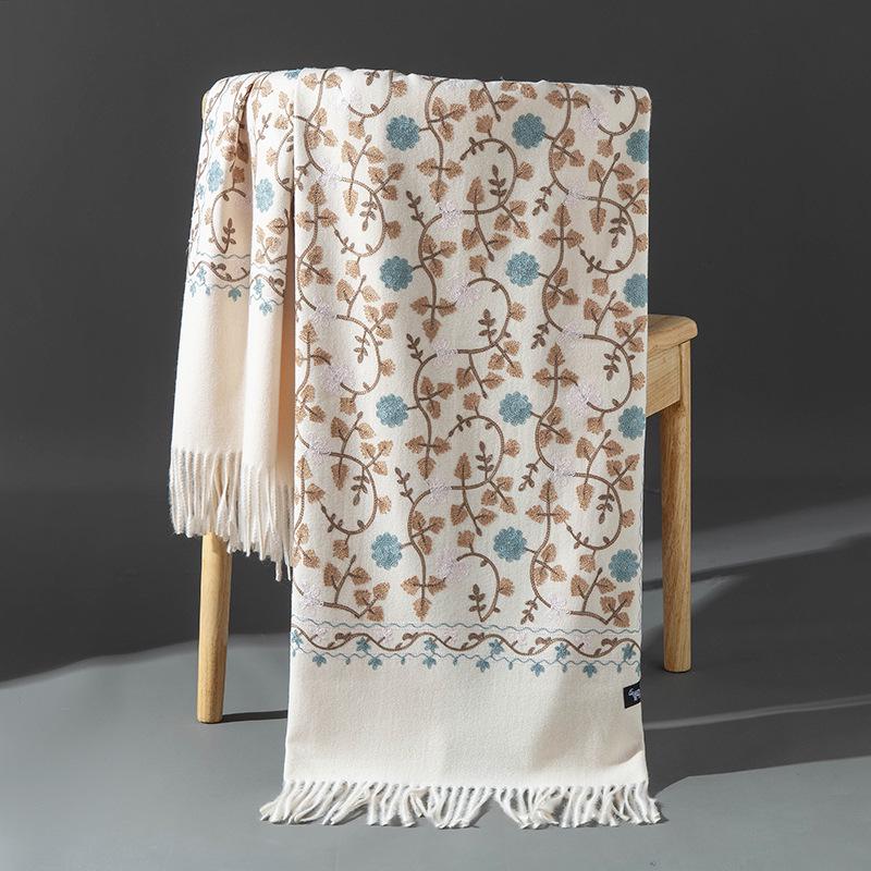 Xinjiang Embroidered Imitation Cashmere Scarf: Women’s Ethnic Style, Warm and Versatile with Tassels