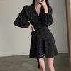 Polka Dot V-neck Long-sleeved Dress, Women's One-piece Belt, Spring and Autumn Suit, Small Short Skirt