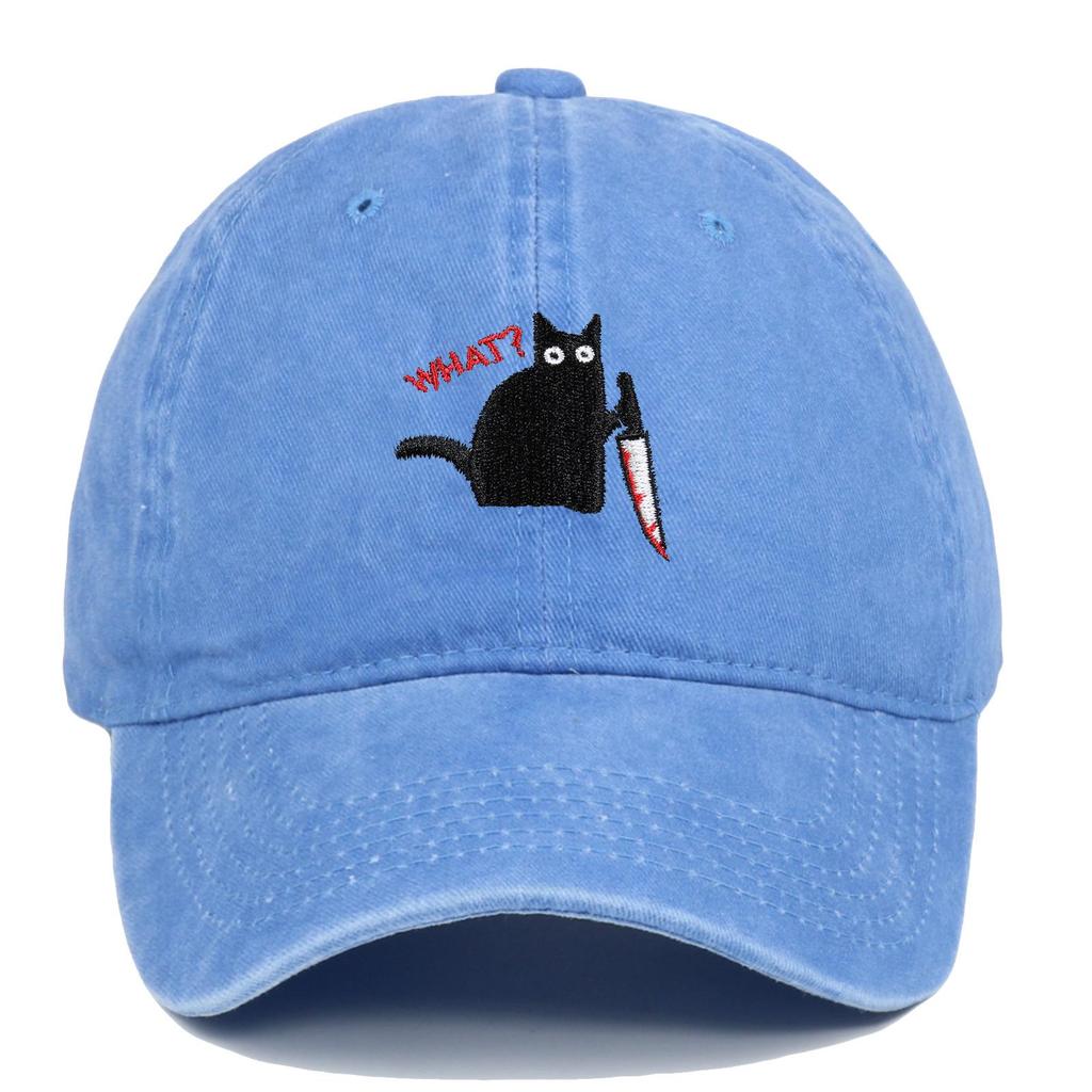 Unisex Black Cat Embroidered Washed Baseball Cap - Outdoor Summer Sun Hat, Hip Hop Style
