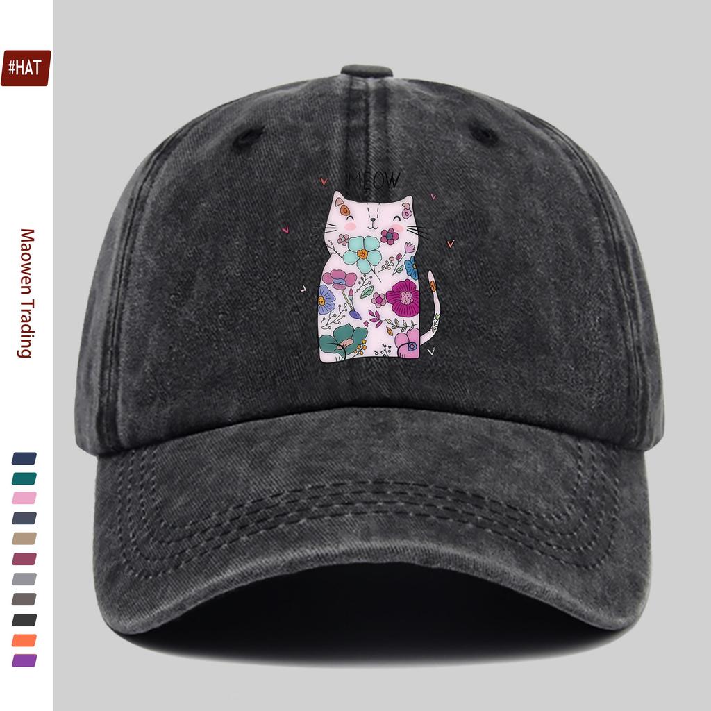 pc Elegant Floral Pattern Cat Print Baseball Cap Fashionable Comfortable Breathable Casual Sun Hat Comfortable Lightweight Tr