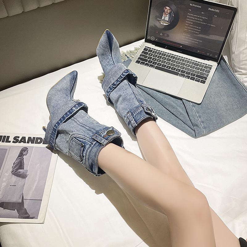 2024 Foreign Trade Autumn and Winter New Pointed High-heeled Fashion Boots Washed Denim Short Tube Pleated Trousers High Heels