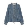 Ruffled Belt Denim Shirt Women 2026 Fall V Neck Long Sleeve Casual Top