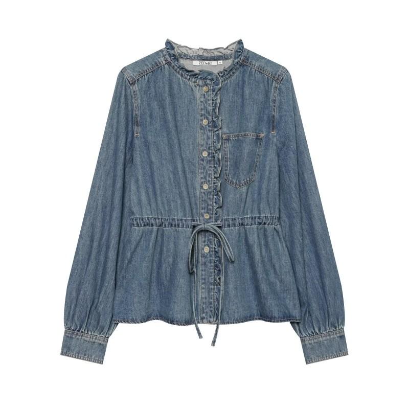 Ruffled Belt Denim Shirt Women 2026 Fall V Neck Long Sleeve Casual Top