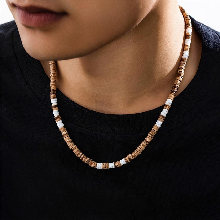 Vintage Beach Boho Surfer Coconut Wooden Chain Necklace for Men Simple Geometric Tribal Ethnic Beads Choker Neck Accessories New