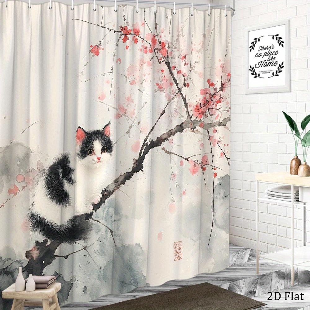 Black And White Shower Curtain With Kitten And Cherry Blossom Pattern, Machine Washable Polyester Fabric, Bathroom Decoration.