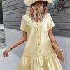 Women Button Down Dress Loose Summer Cotton Linen Dress Ruffle Hem Casual Dress Short Sleeve Tunic Dress