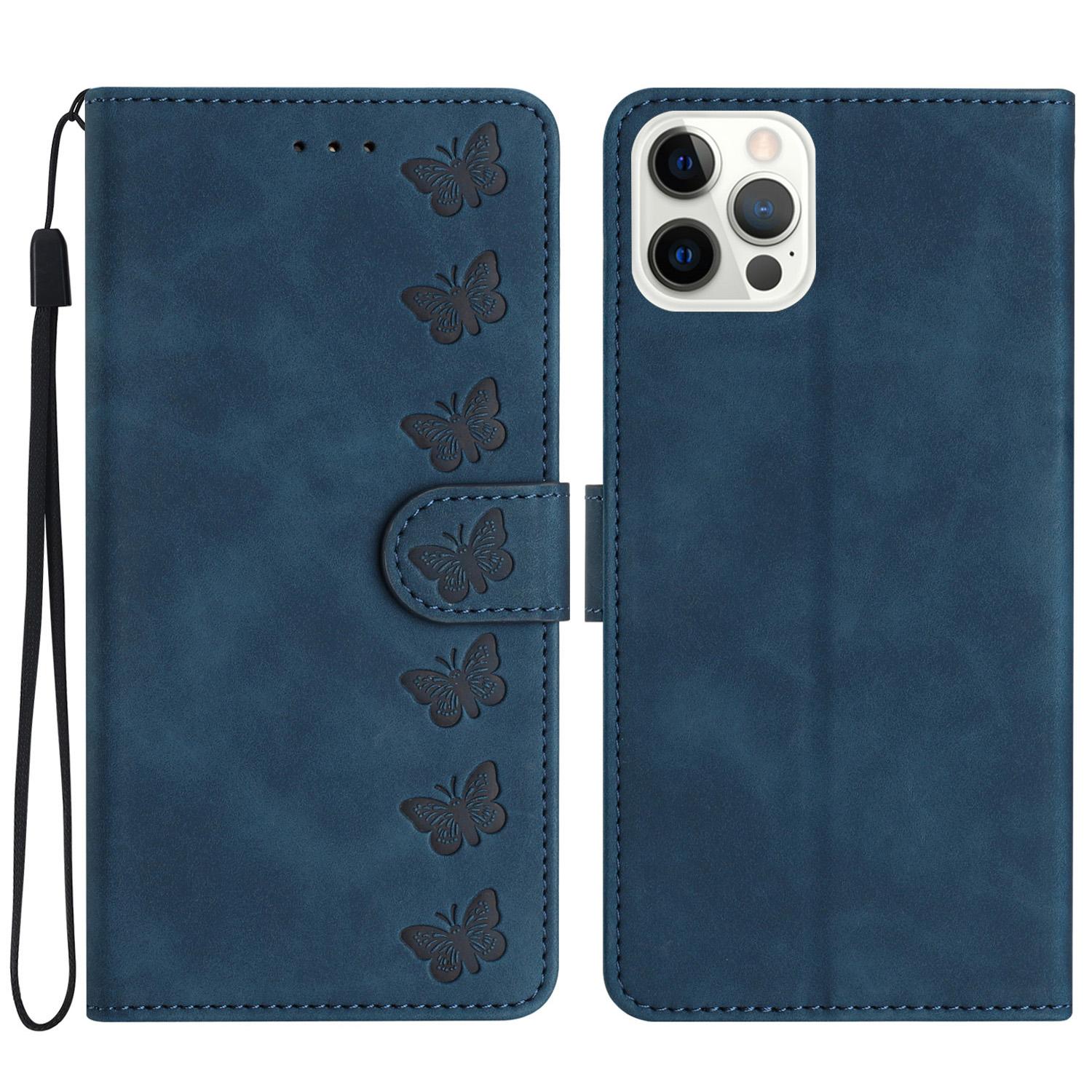 

For iPhone 16 Pro Wallet Case PU Leather Folio Phone Cover 7 Butterflies Imprinted Blue