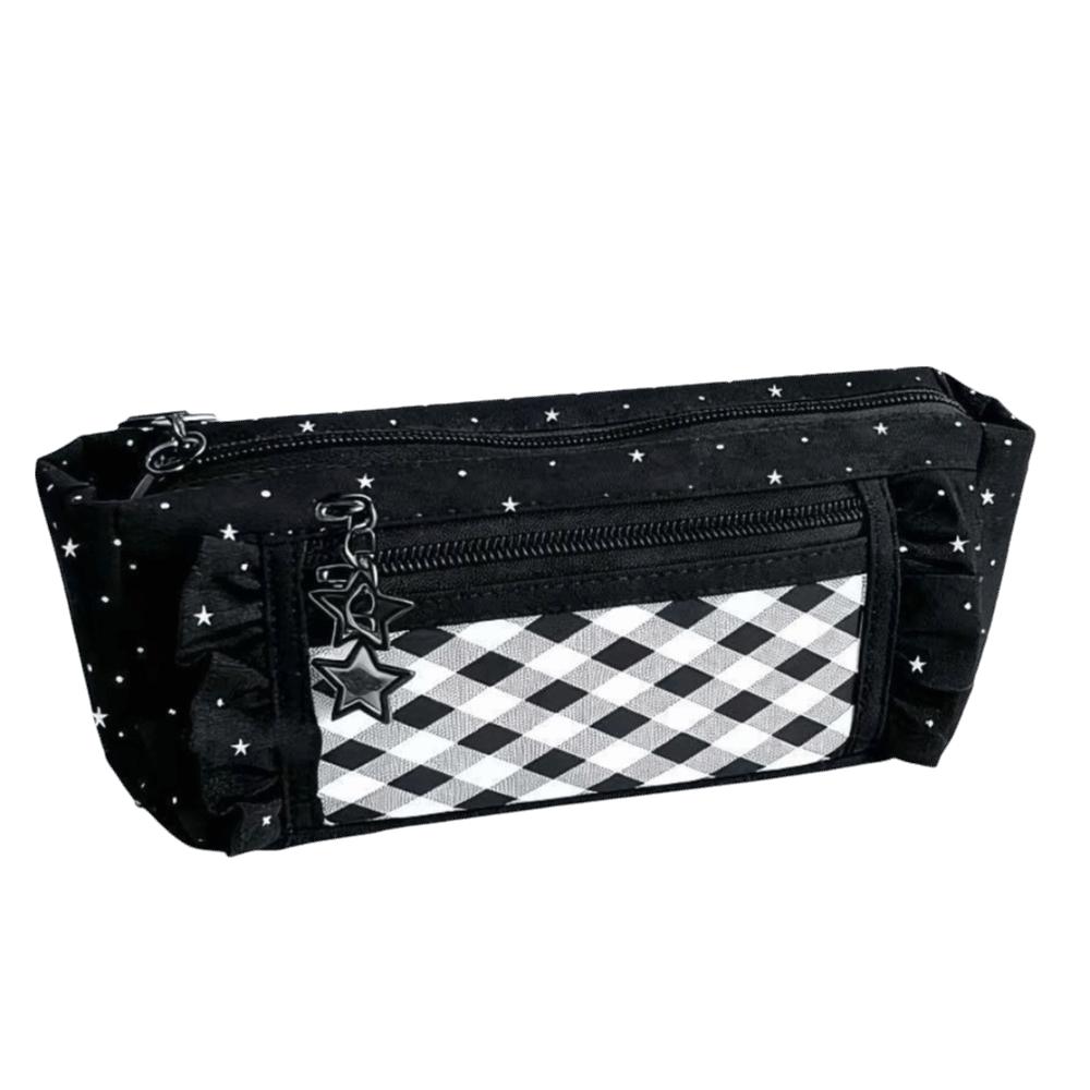 Large Capacity Star Checkered Pattern Pen Bag Lace Trim Stationery Organizer Pencil Pouch Students