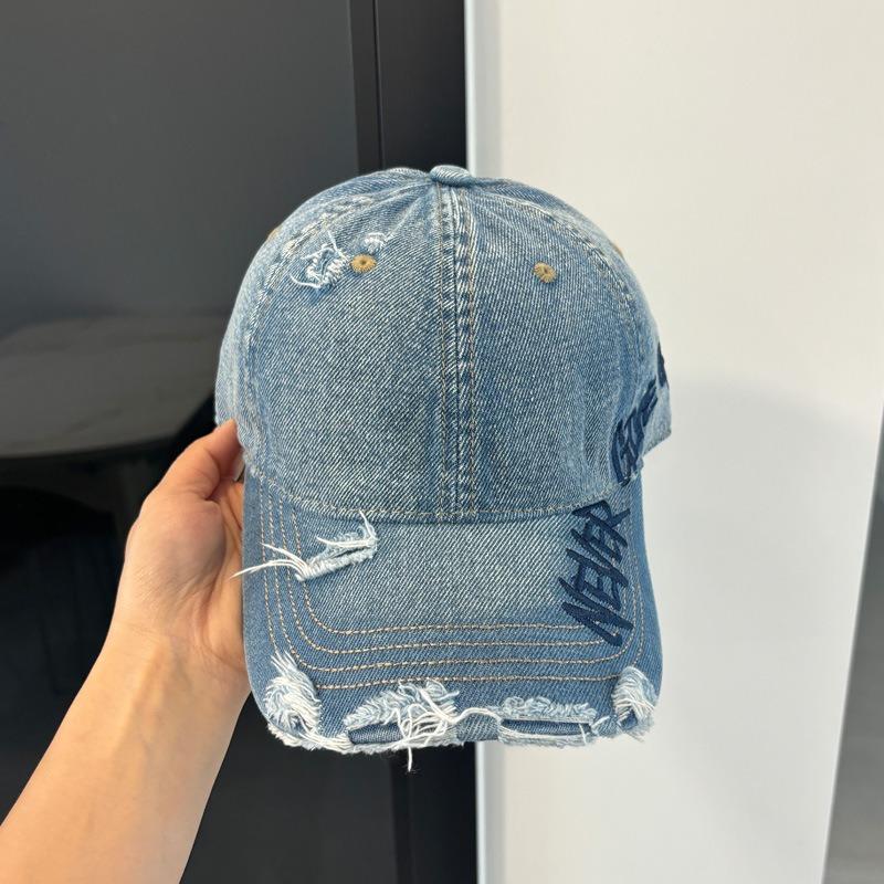 Letter embroidery washed denim baseball cap women's retro ripped cap soft top big head circumference hat