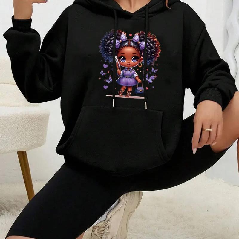 Printed Women s Hooded Sweatshirt, Casual Loose Fit, Friend Meetups XXL чёрный