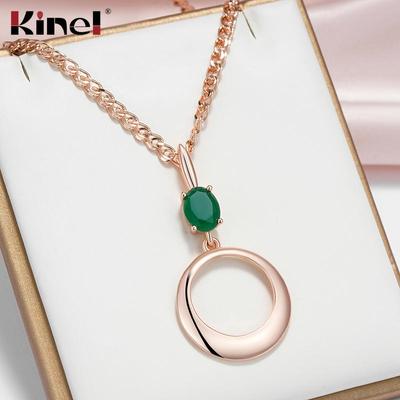 Vintage Deep Green Zircon Gemstone Necklace - Rose Gold Color Hollow-Out Circular Pendant Jewelry for Women, Classic Bohemian Style Accessories
