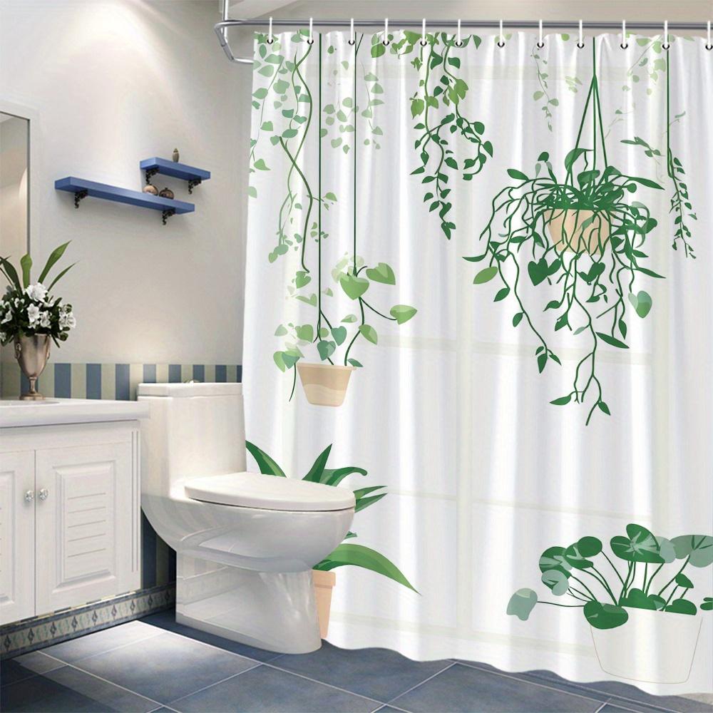 1pc Minimalist Greenery Grid Shower Curtain - White Background, Green Plants & Vines, Polyester, Machine Washable