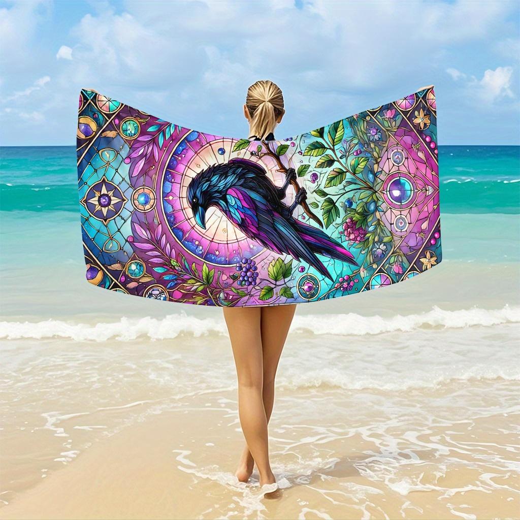 Mystischer Raben-Buntglas-Strandtuch, Juwelenfarben Krähen-Design Schnelltrocknendes Sandfreies Badetuch für Pool und Urlaub