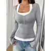 New Women's Blouses T-shirt Spring Fall Fashion Slim Halter Neck Fake Two-piece Stretch Long-sleeve Top Women Casual Clothing