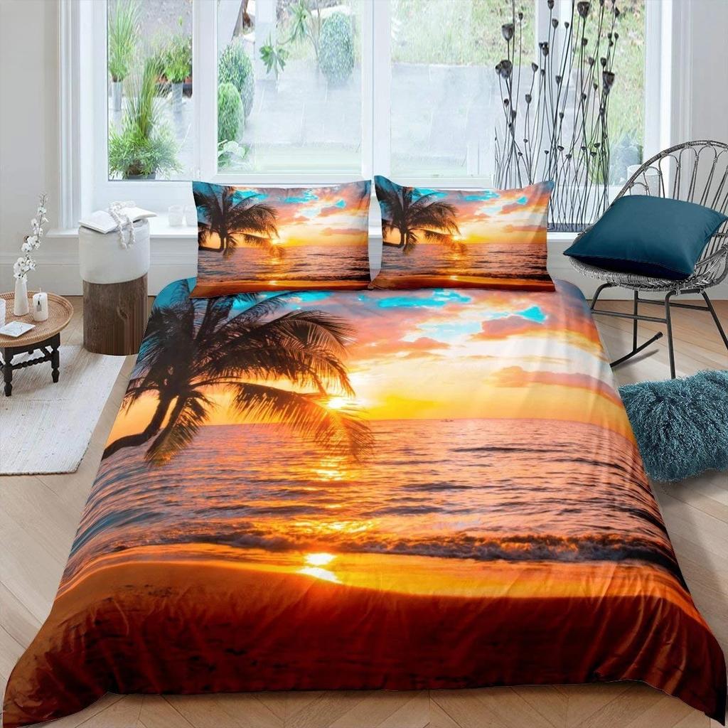 Summer Beach Duvet Cover Set Queen Ocean Bedding Set Hawaiian Palm Trees Marine Life Sea Waves Fish Printed Comforter Cover Set