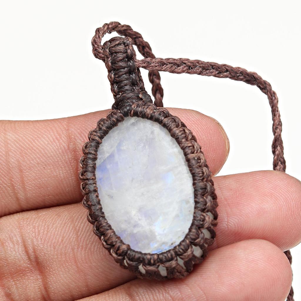 Moonstone Necklace Macrame Handmade Natural Bohemian Crystal Rainbow Healing