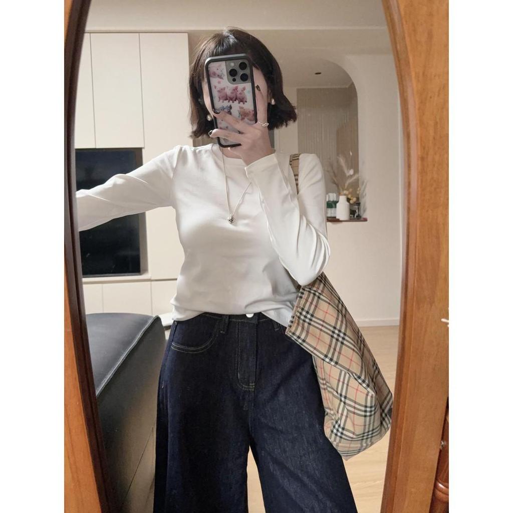 American Retro Long Sleeve Cropped T-shirt – Square Shoulder, Versatile Solid Color, Round Neck Slim Fit Base Layer for Women in Autumn.