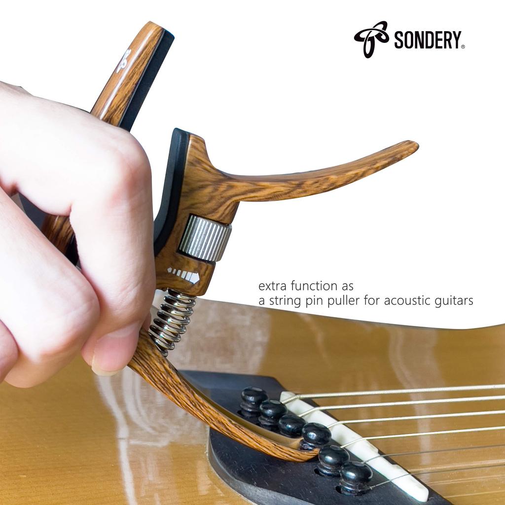 SONDERY Capo for Acoustic and Electric Adjustable Trigger Bridge Pin Removal Wood Grain Quick Change 6-String Guitars, Tension, Function, Finish,
