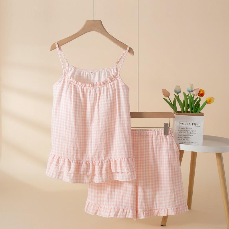 Women 100 Cotton Plaid Camisole Shorts Pajama Set With Chest Pad Summer Homewear