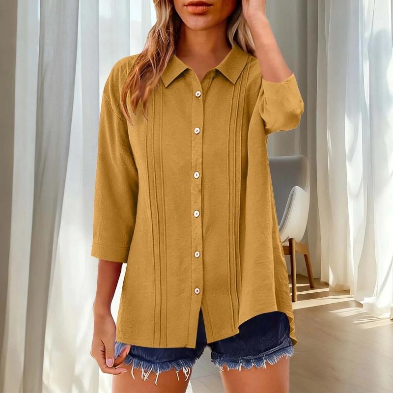 Summer New Women's Casual Tops Three-quarter Sleeve Solid Color Lapel Cotton and Linen Loose Shirt