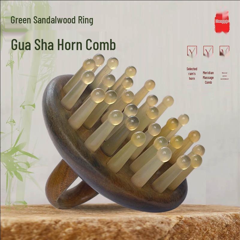 

Green Sandalwood Wide Tooth Massage Comb with Horn Insert for Hair Care and Gua Sha