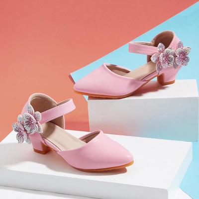 2026 Spring Winter Girls' Rhinestone Flower High Heels - Children's Leather Shoes