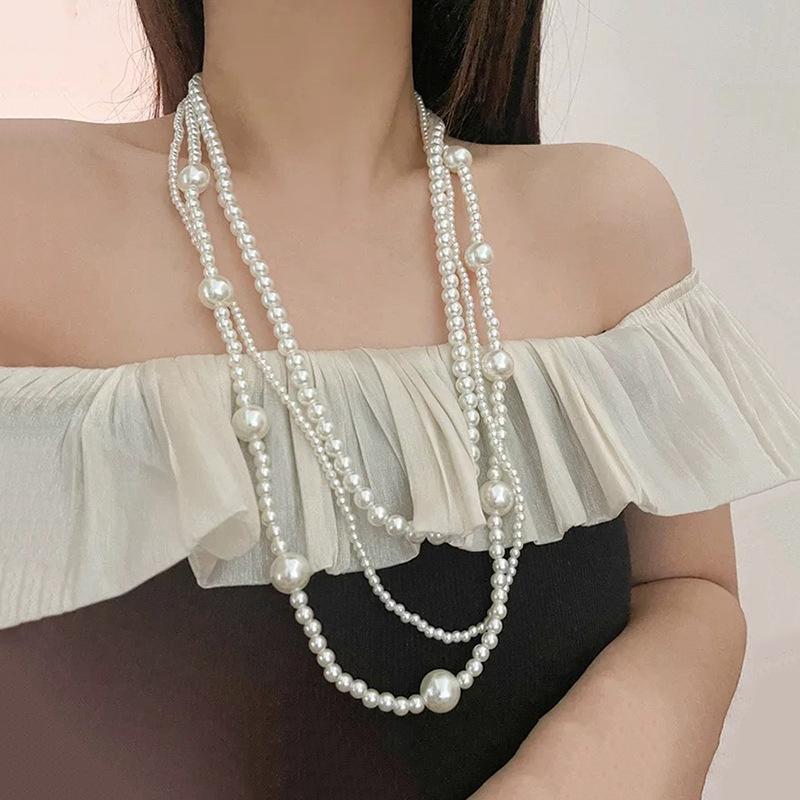 European and American retro multi-layer pearl necklace women s light luxury sweater chain long small fragrant accessories