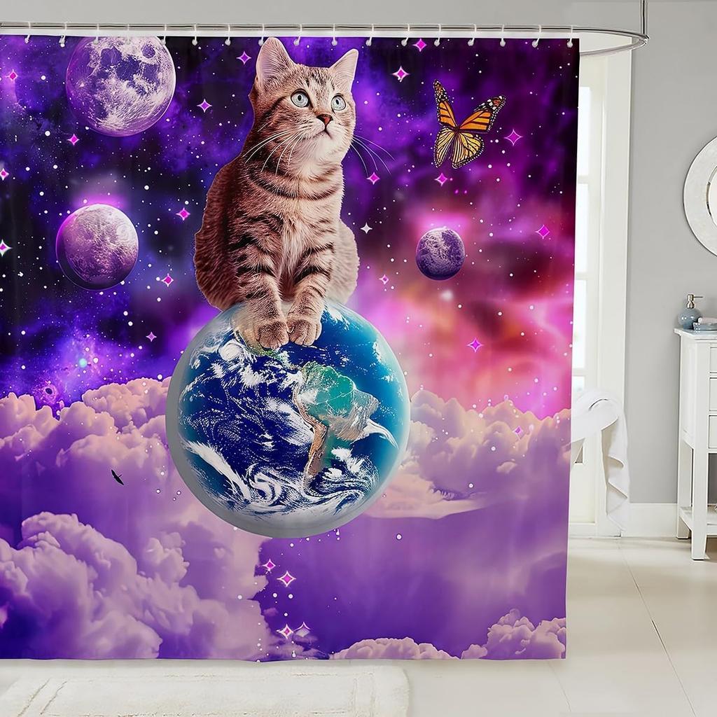 Little Cat Shower Curtain Cute Kitten Shower Curtain Set Galaxy Starry Sky Bath Curtain Universe Planet Purple Nebula Cosmic