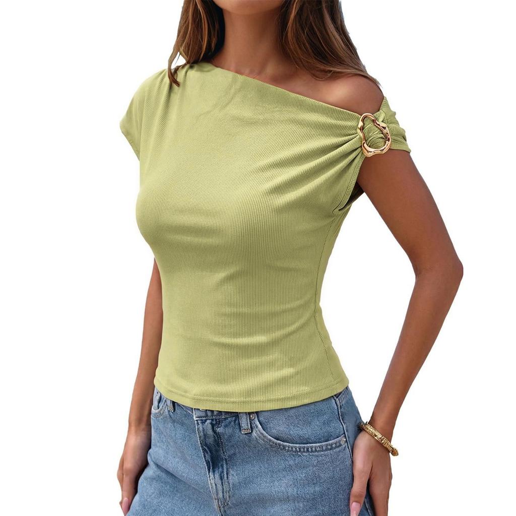 Women's Casual Fashion T-shirt, Slim-fitting, Asymmetric, Off-shoulder, Metal Button Top