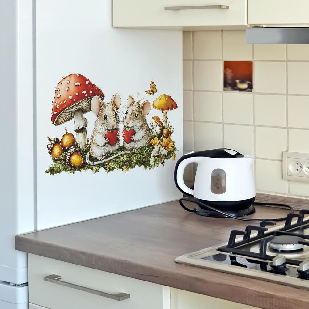 Self-adhesive Wall Stickers Couple Mice and Mushrooms for Entryway Hallway Home Decor