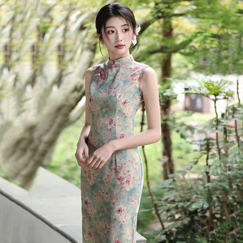 Long Sleeveless Cheongsam Dress Women 2026 Modern Chinese Style Daily Wear Vintage Elegant Fit