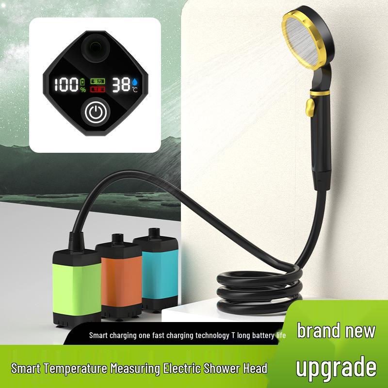 Electric Camping Shower Set with Rechargeable Pump and Water Bag.