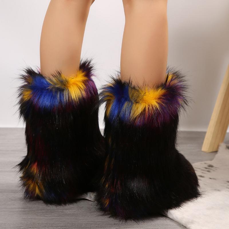 fashion Shoes for Women New Slip on Women's Boots Winter Round Toe Solid Flock Plush Warm Mid Heel Water Proof Casual Snow Boots