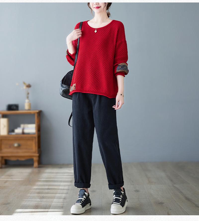 2024 Autumn/Winter Plus Size Retro Ethnic Applique Cotton Knit Women's Loose Round Neck Pullover