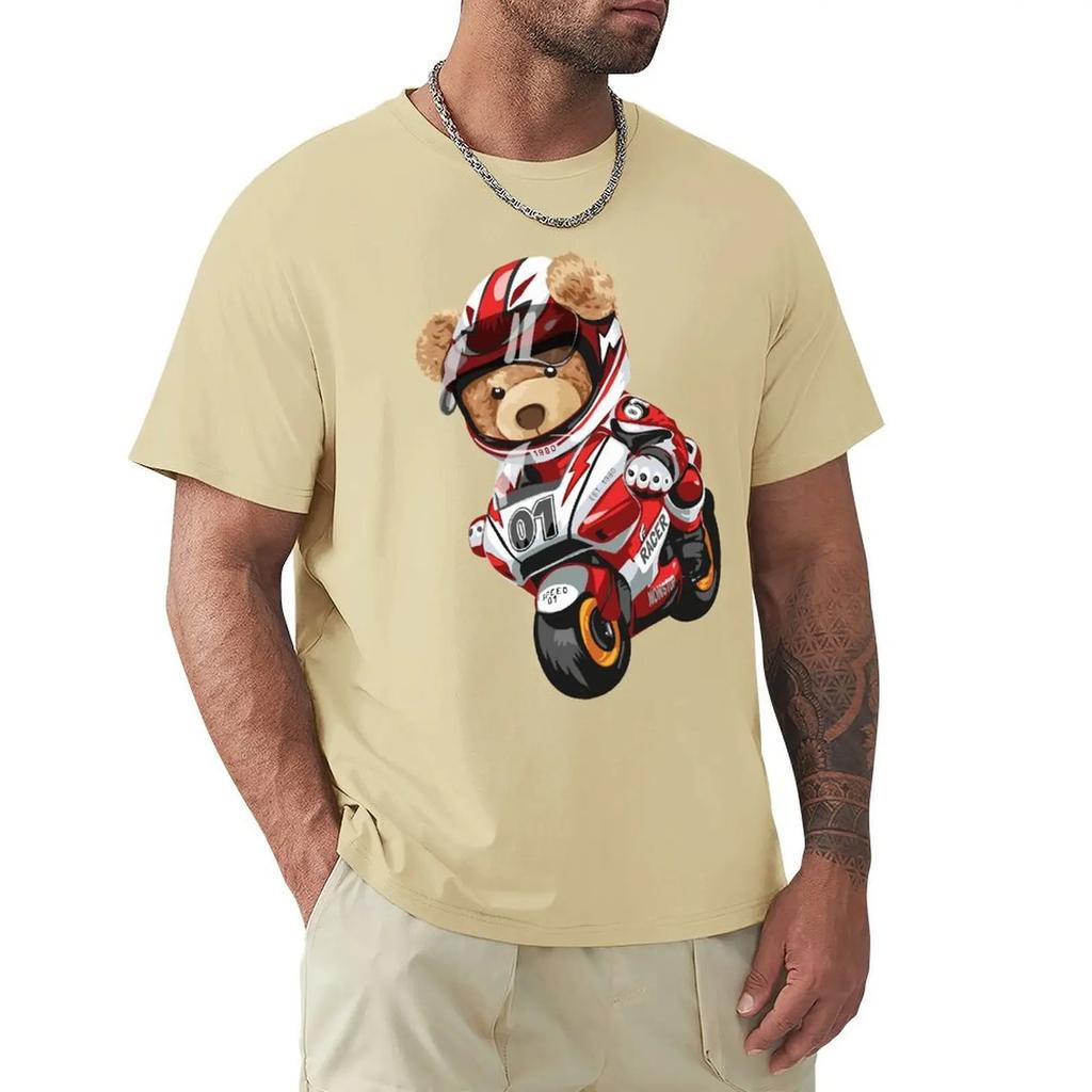 Teddy Bear Riding Racing Motorbike T Shirt Harajuku Short Sleeve T-shirt 100% Cotton Graphics Tshirt Tops