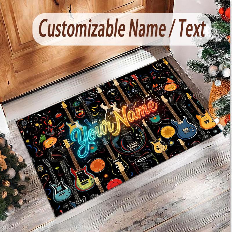 Alfombra de Terciopelo de Cristal Suave con Tema de Guitarra Musical Impresión de Nombre y Texto Personalizados Alfombra de Piso Antideslizante para Dormitorio Sala de Estar