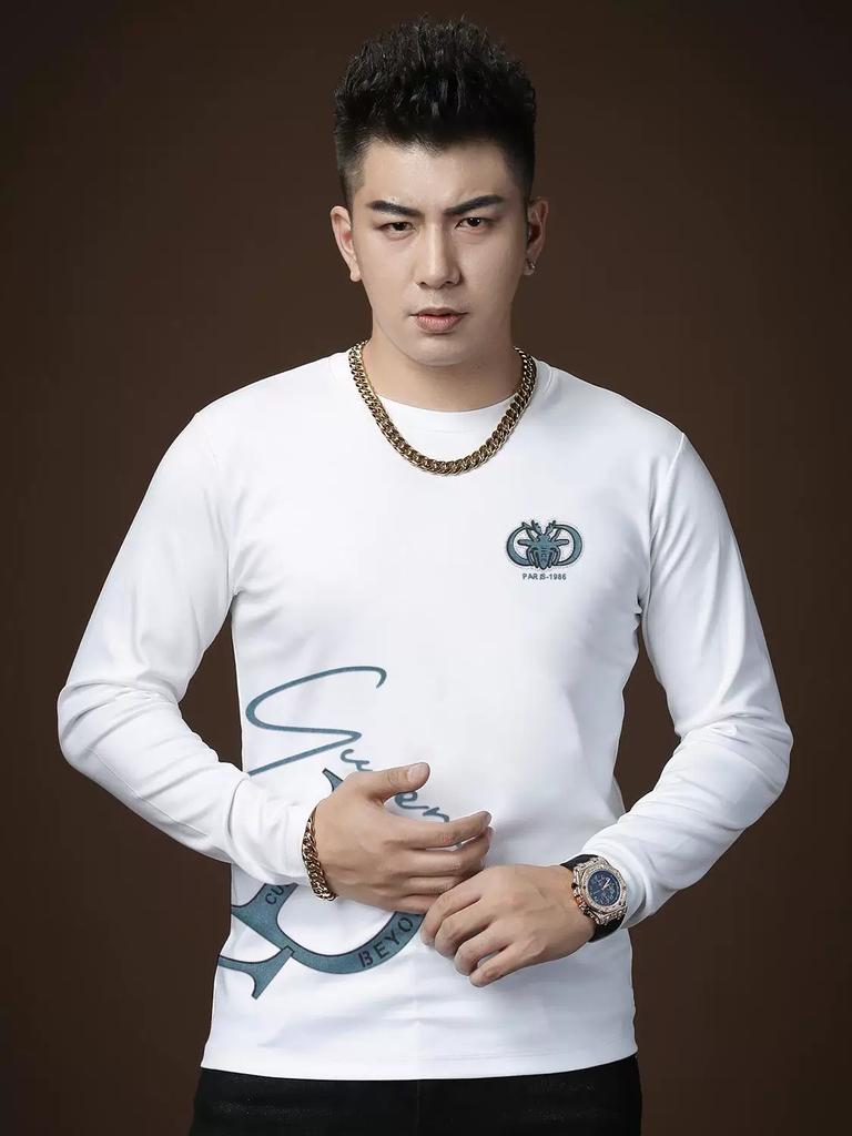 European Goods 2025 Autumn New Letter Print Long-Sleeve T-Shirt Men's Trendy Slim-Fit Round-Neck Casual Top