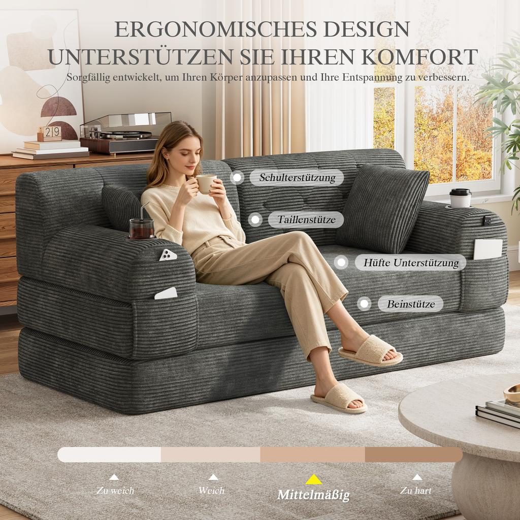 2-Sitzer Schlafsofa, Cord, Hohe Rückenlehne, Metallrahmen, Schaumstoff mit hoher Dichte, 2 Getränkehalter, 4 Seitentaschen, für Wohnzimmer und kleine Räume, Dunkelgrau