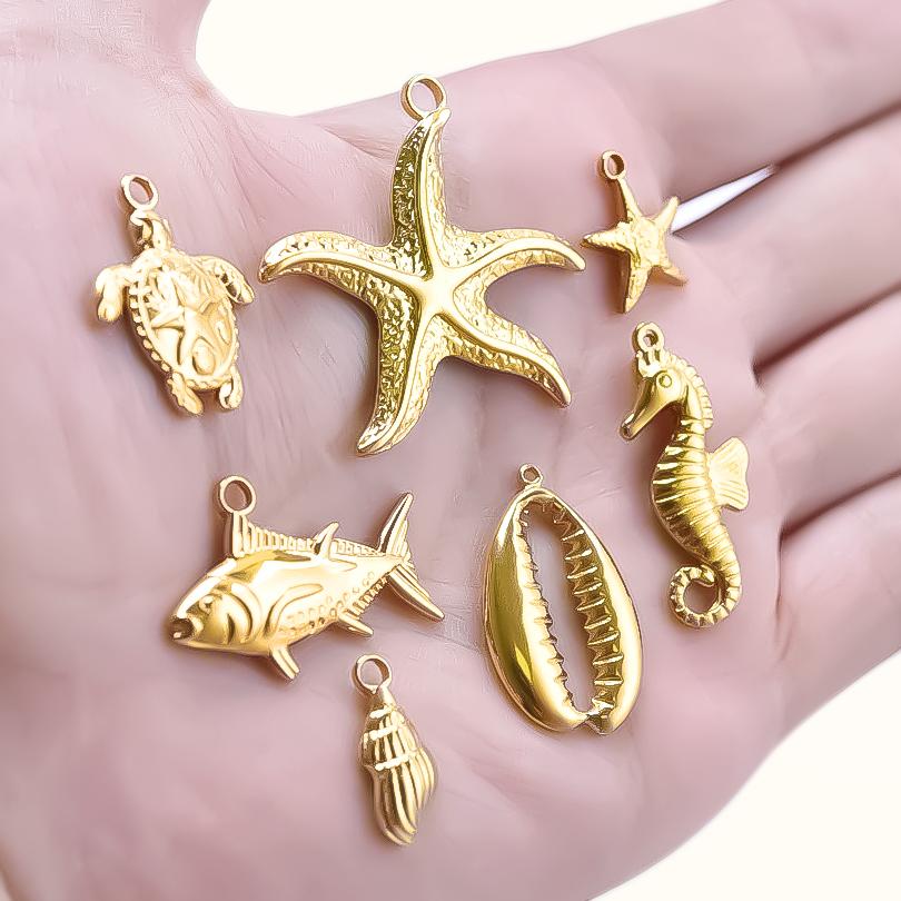 6pcs Real Gold Plated Ocean Animal Turtle Shell Conch Starfish Diy Charms For Jewelry Making Bulk Stainless Steel Charm Pendant