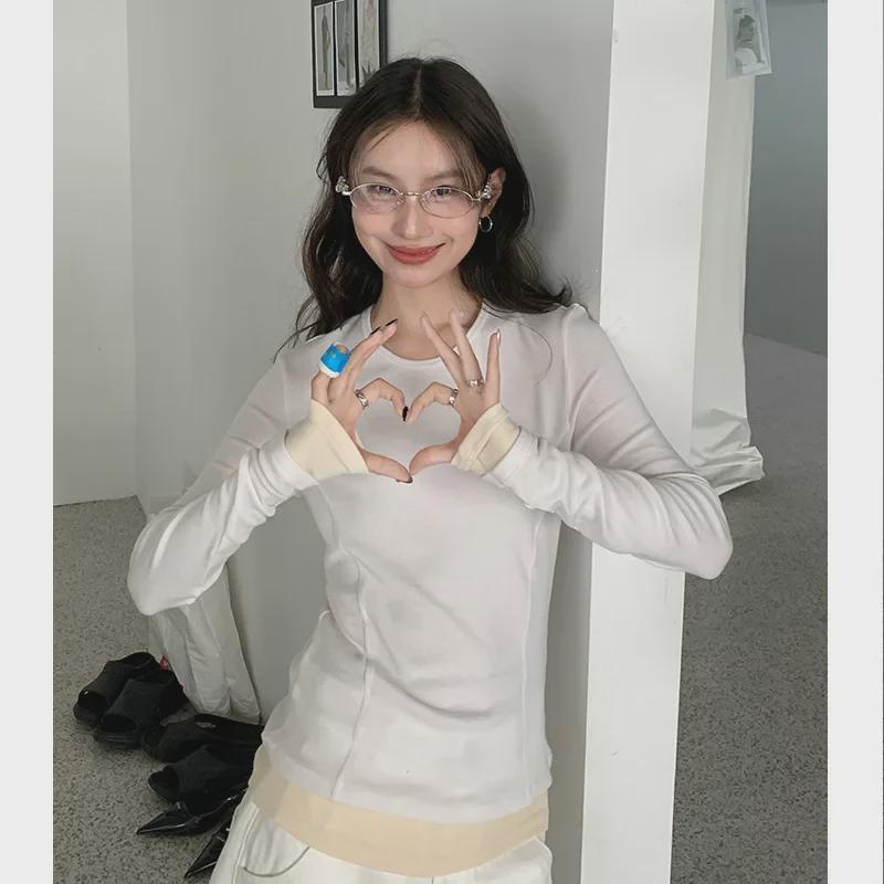 Nan Tao Women's Fake Two-Piece Slim Fit Long-Sleeve Top - Spring 2025 Korean Style Round Neck Shirt